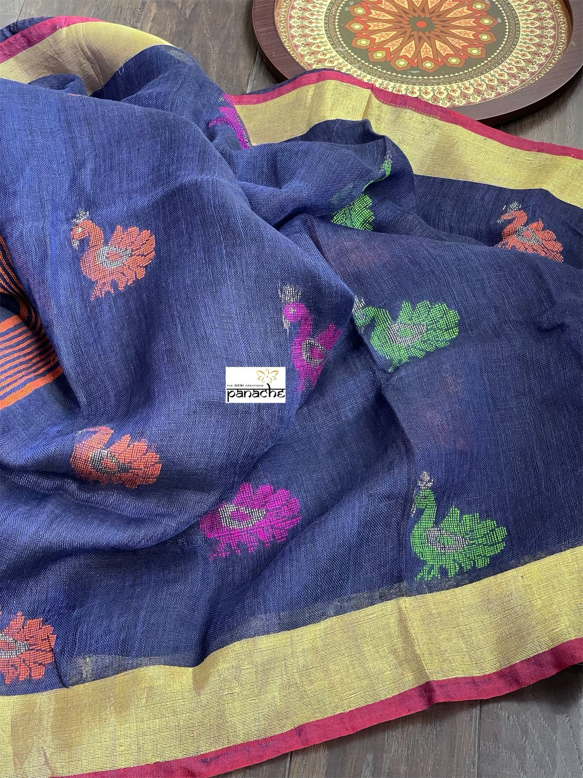 Handloom Banarasi Linen -  Navy Blue Zari woven