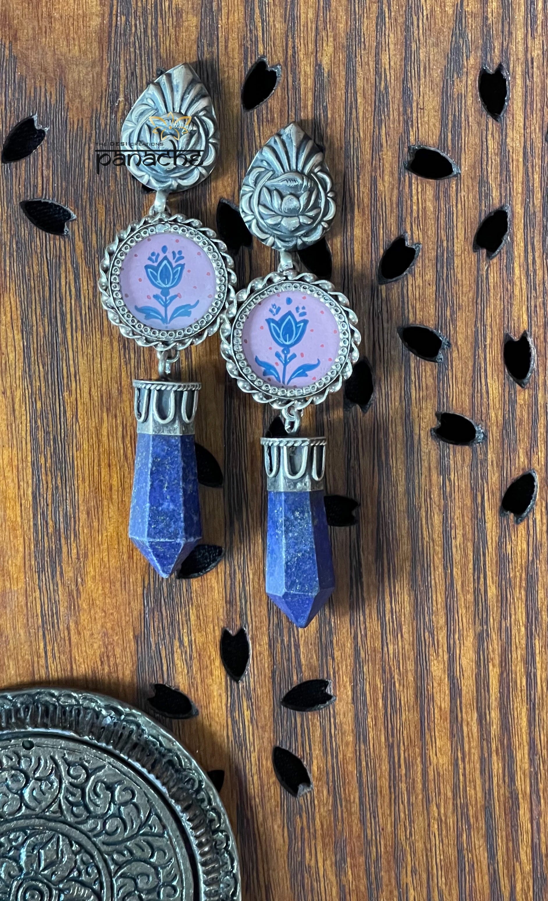 Earring 925 Silver- Hand Painted Lapis stone