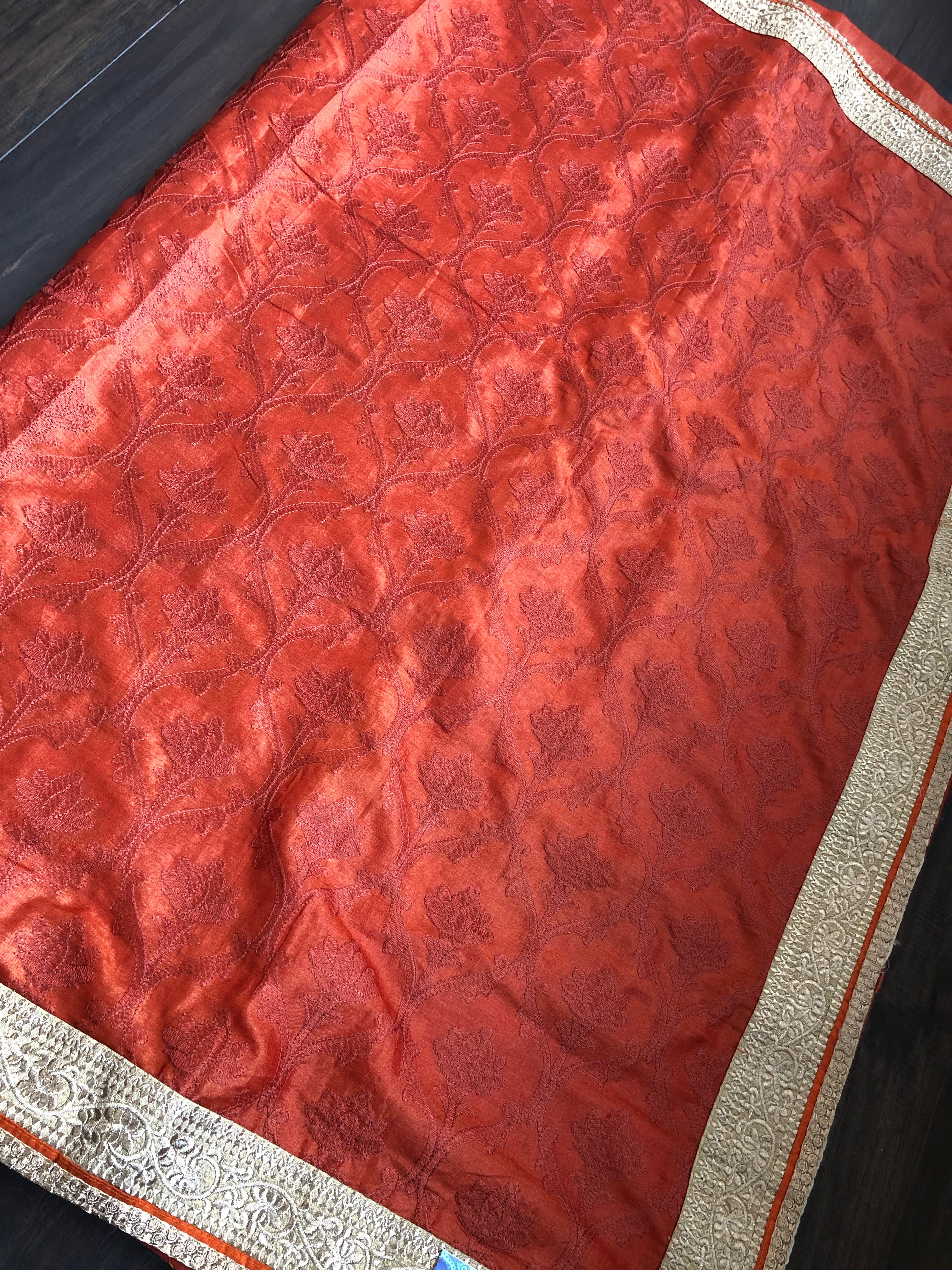 Designer Tussar Silk - Rust Golden Zari Woven