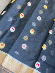 Pure Chanderi Katan Silk - Black Meenakari