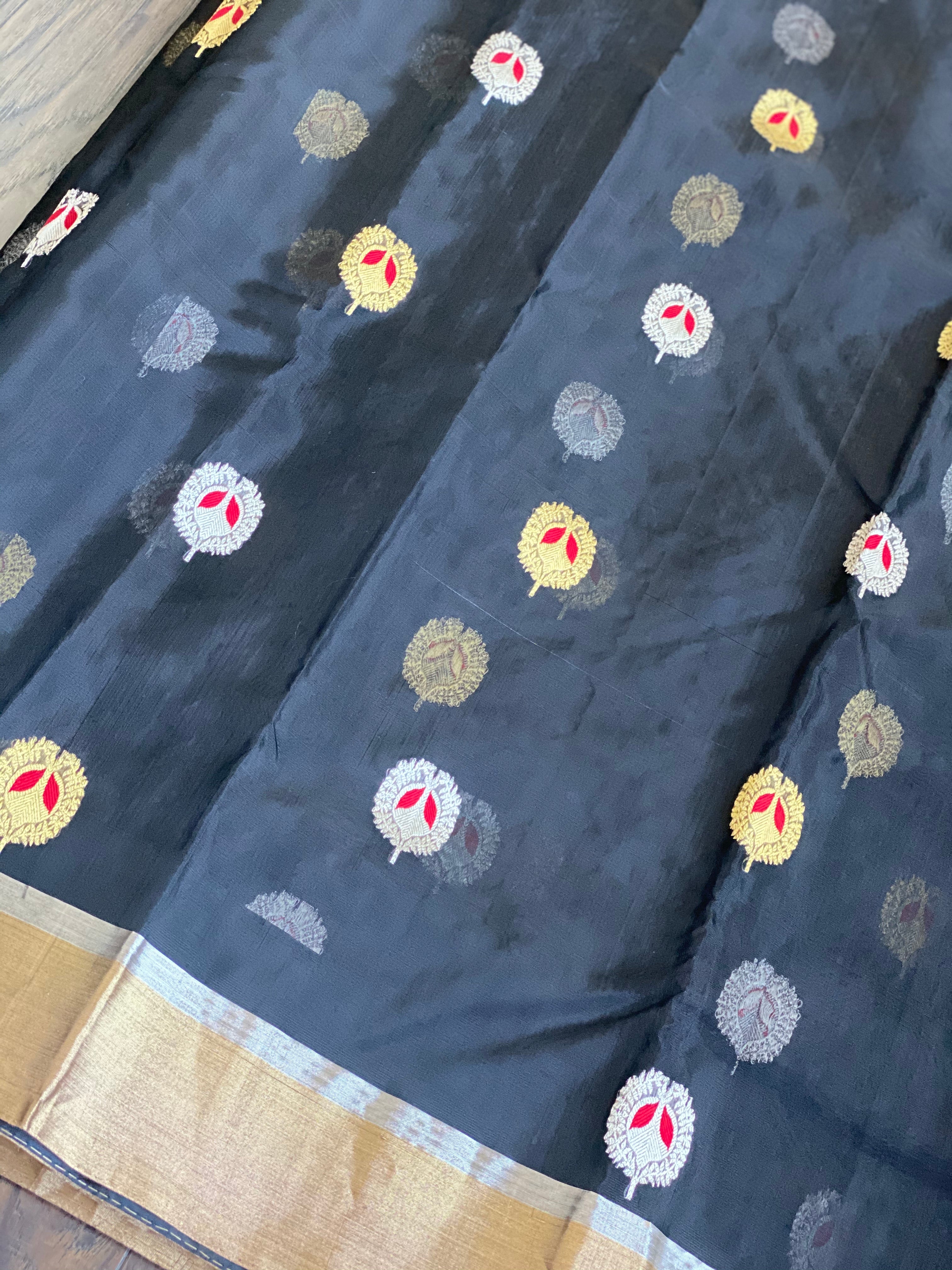 Pure Chanderi Katan Silk - Black Meenakari