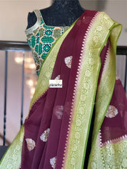 Khaddi Georgette Banarasi - Maroon Mehendi Green Kadwa