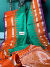 Silk Gadwal - Green Orange Checkered Golden Zari