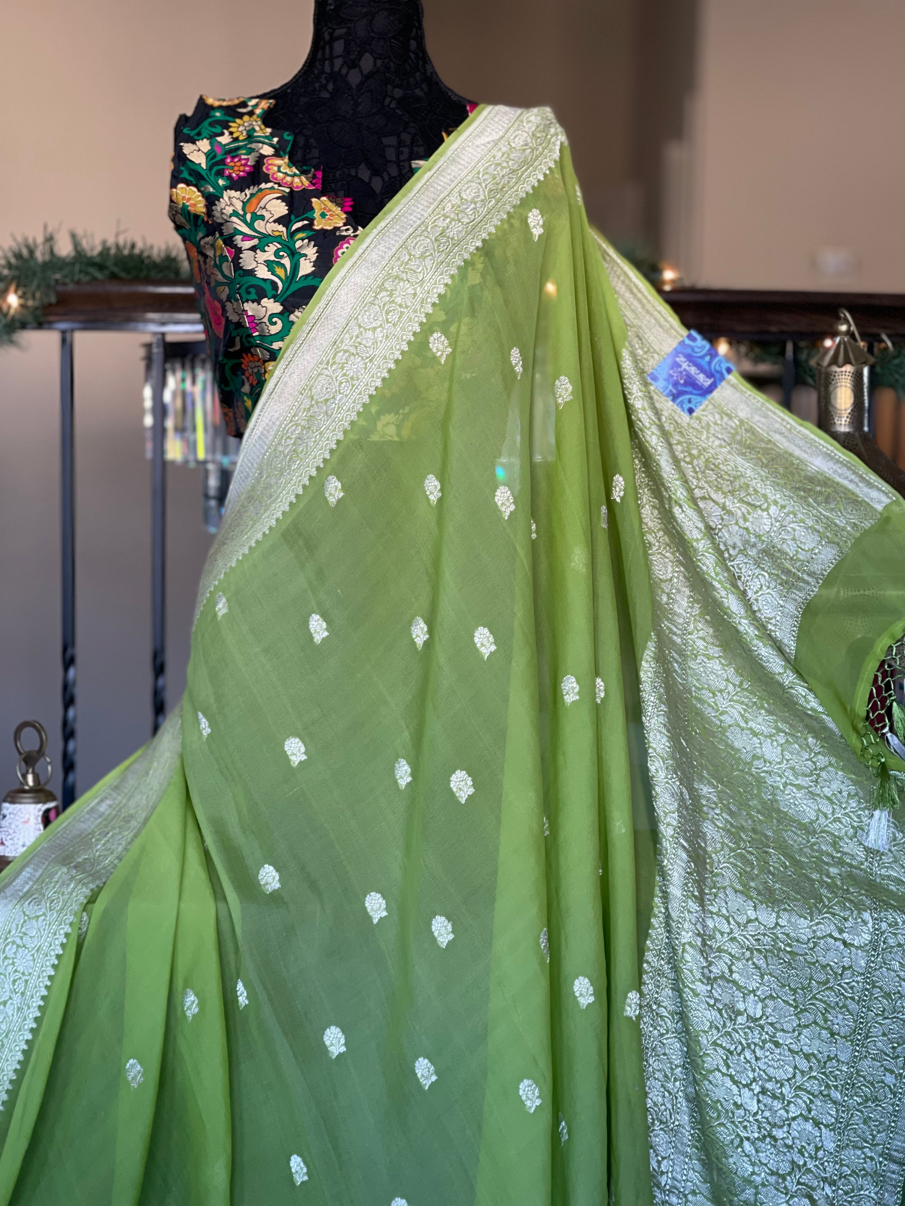 Chiffon Georgette Banarasi - Lime Green Khadhua Woven