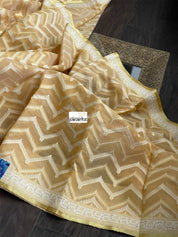 Kora Cotton Chanderi Banarasi - Light Ochre Yellow Paithani Border