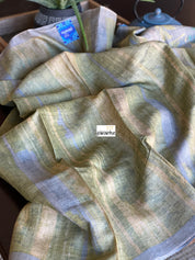 Pure Tussar Silk - Grey Pista Green Printed