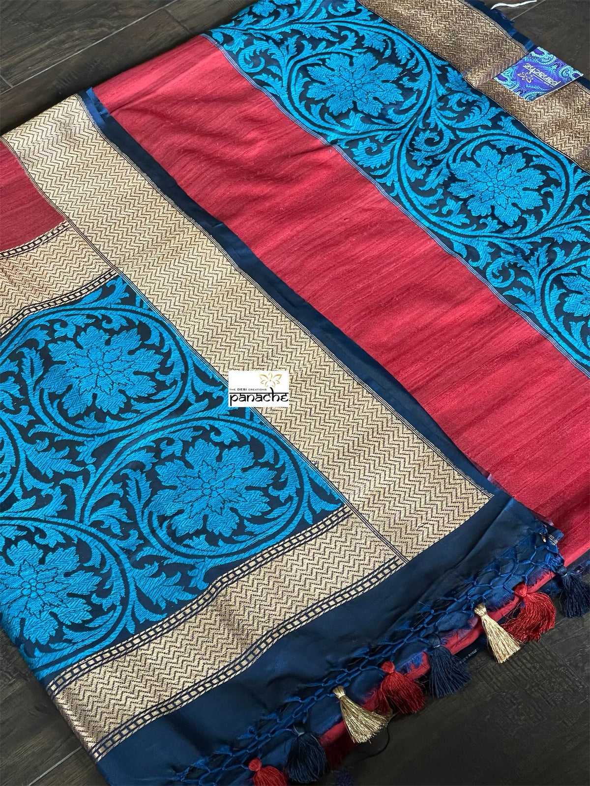 Tussar Silk Banarasi - Red Blue Kadwa