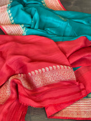 Tussar Georgette Banarasi - Rama Green Red Kadwa