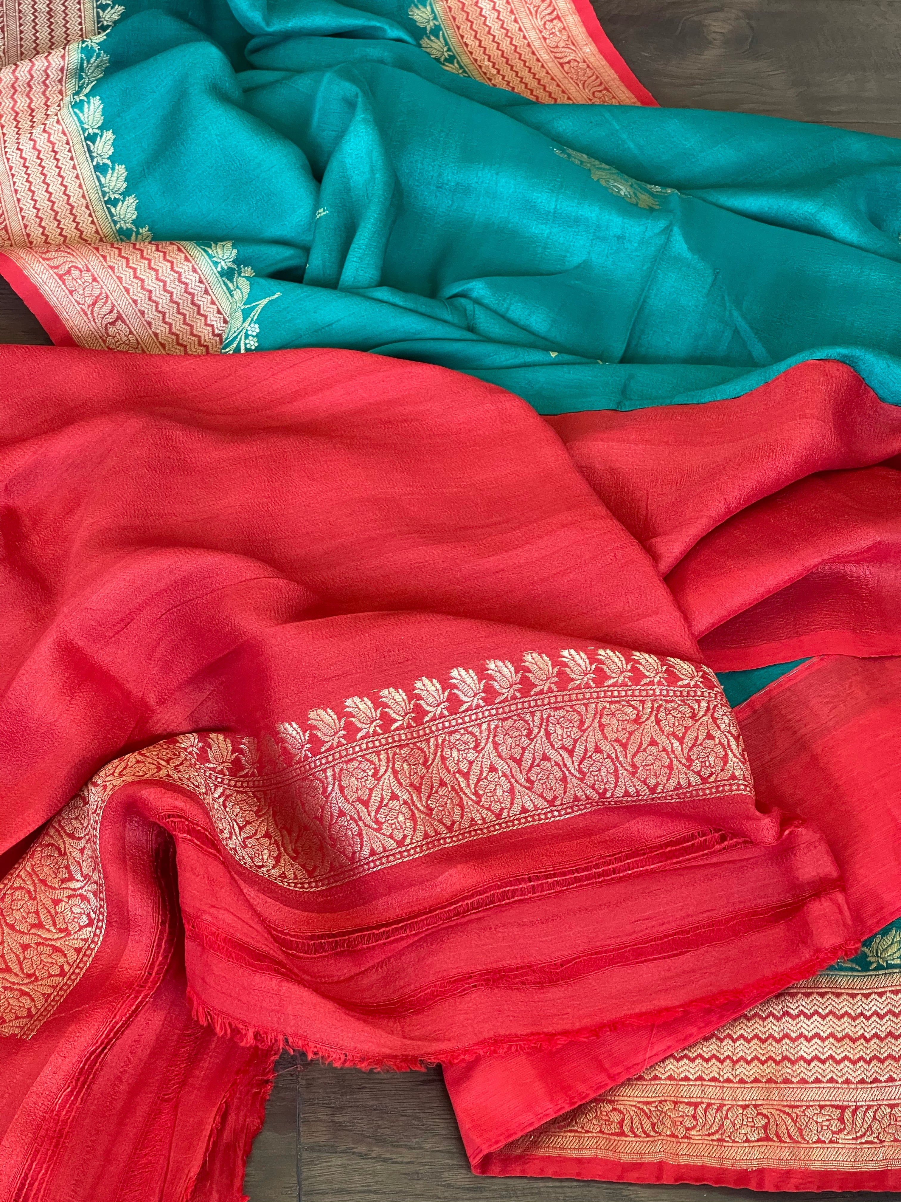 Tussar Georgette Banarasi - Rama Green Red Kadwa