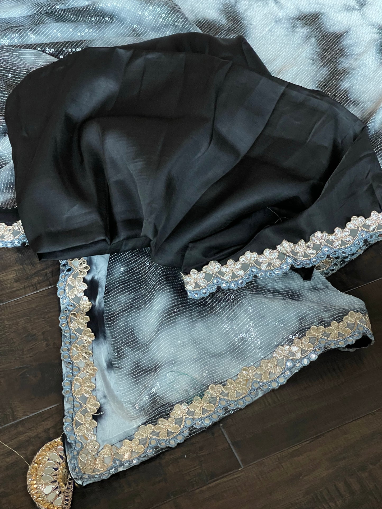 Designer Georgette Sequin Saree - Black White Tie Dye