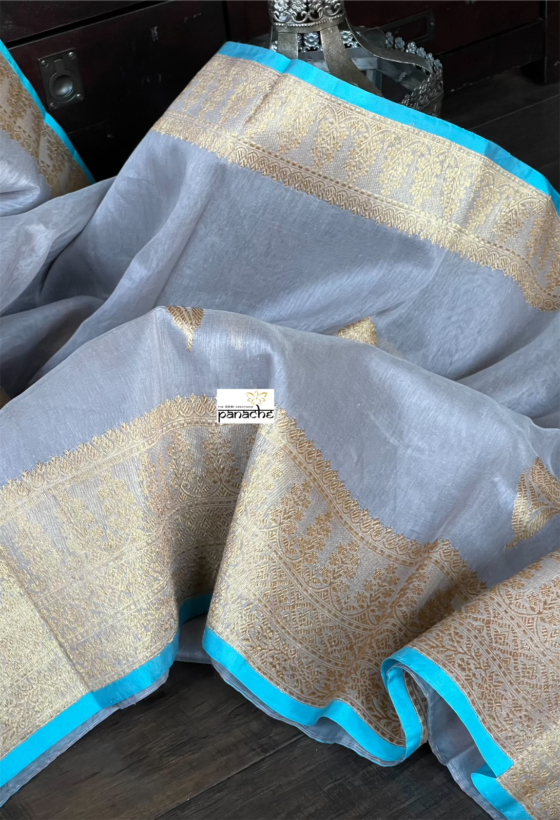 Linen Silk Banarasi - Grey Firozi
