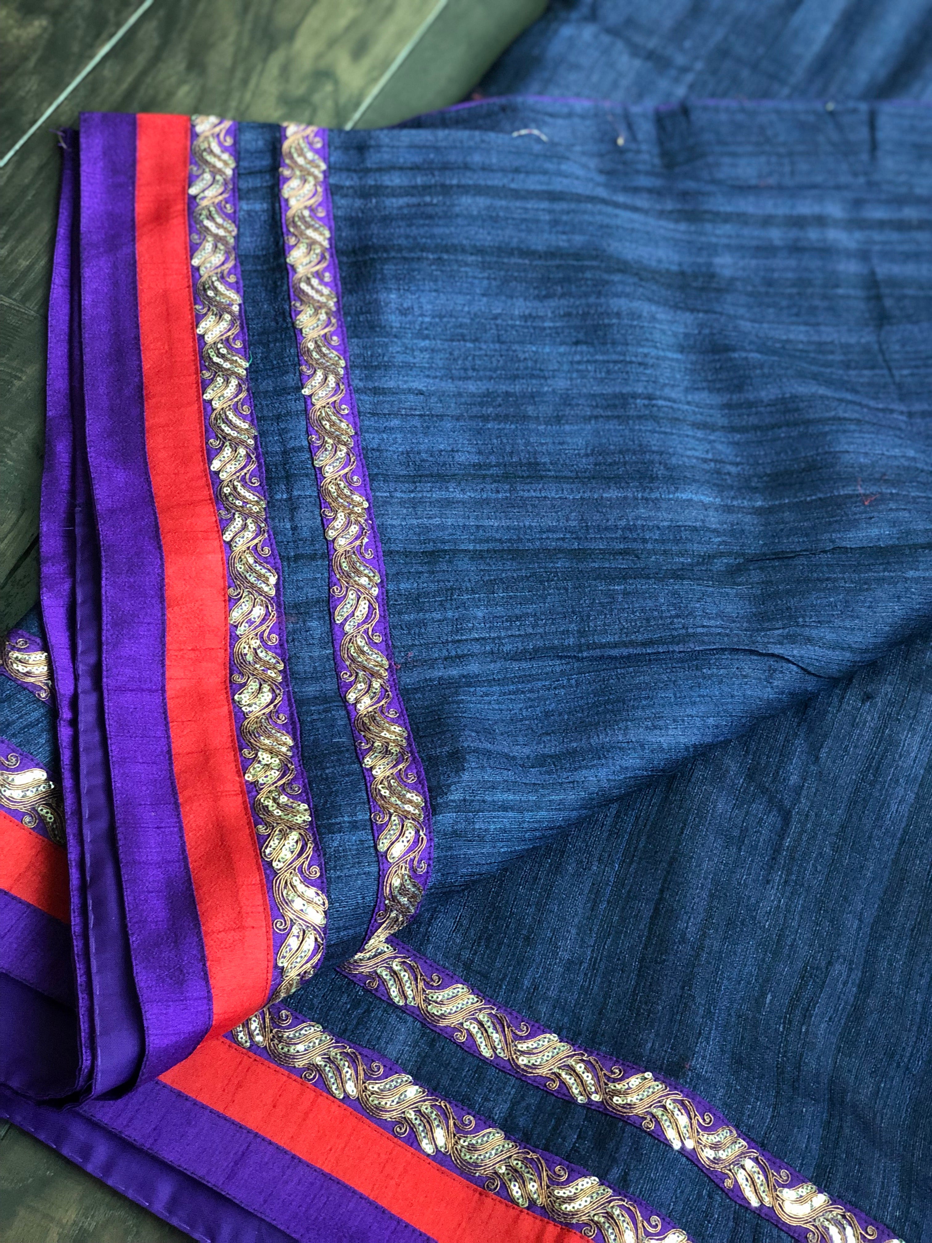Designer Tussar Gicha Silk - Midnight Blue Appliqué