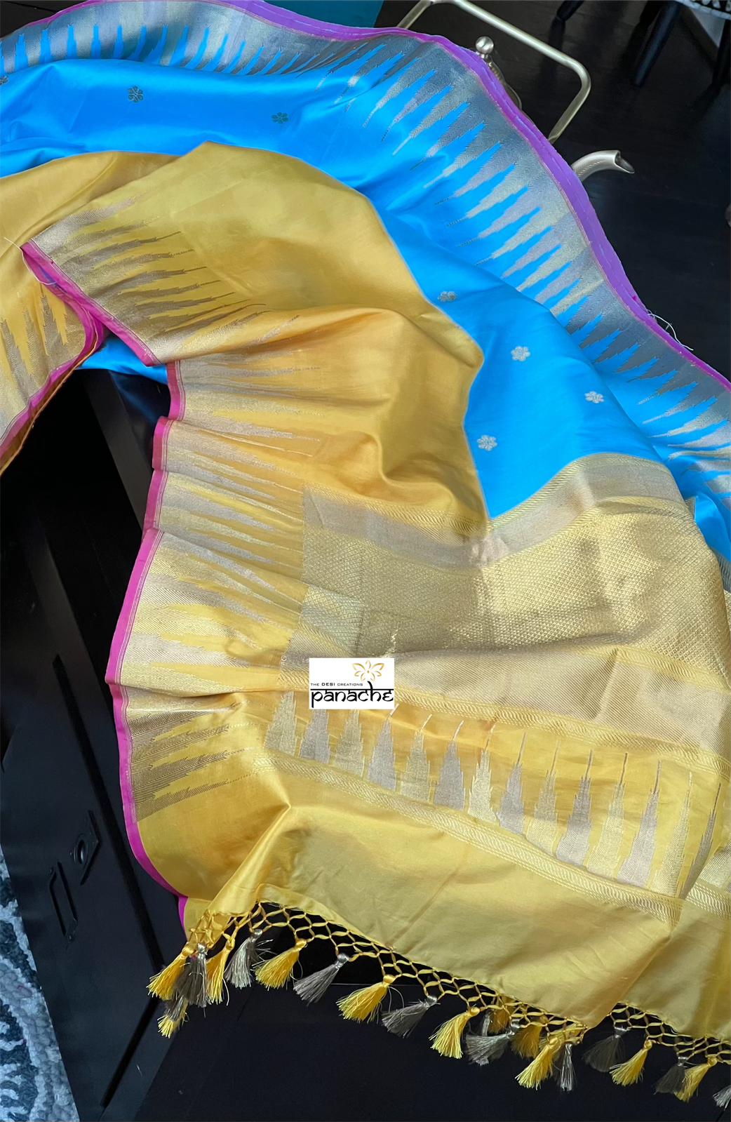 Pure Silk Katan Banarasi - Blue Yellow Kadwa