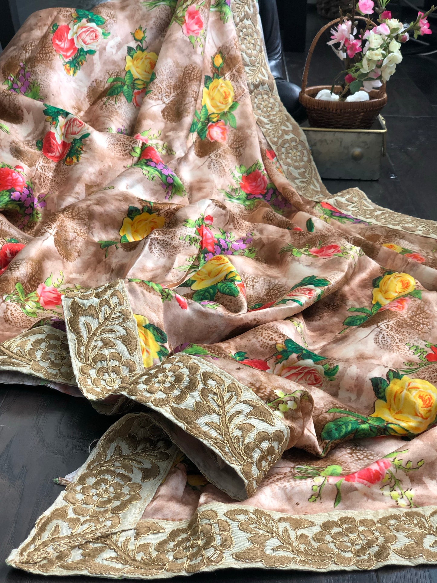 Designer Floral Satin Silk - Peach Brown