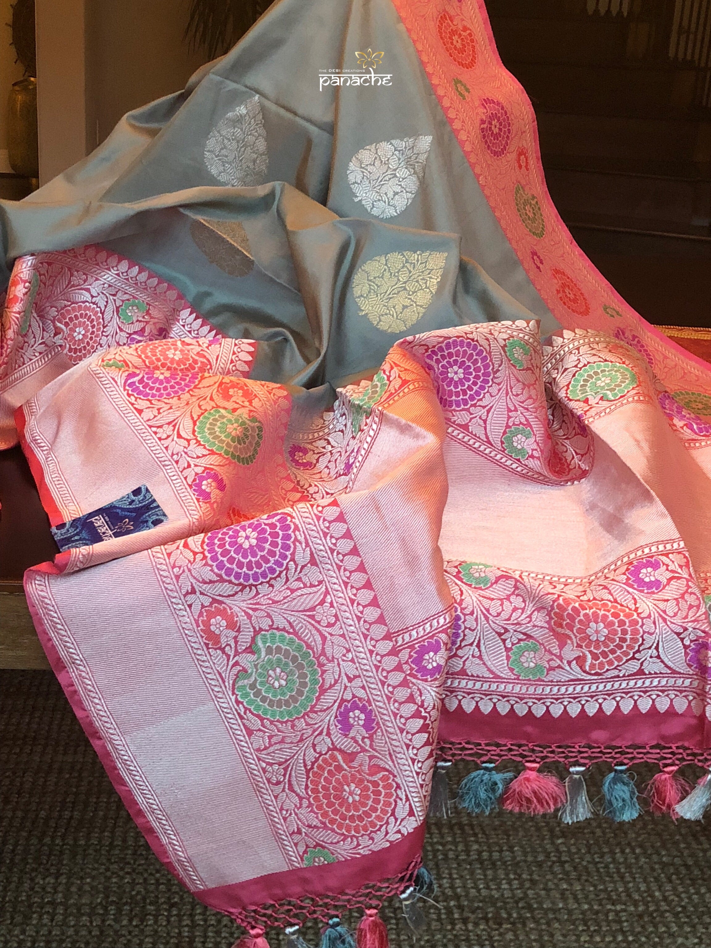 Pure Katan Silk Benarasi - Grey Golden Silver Zari