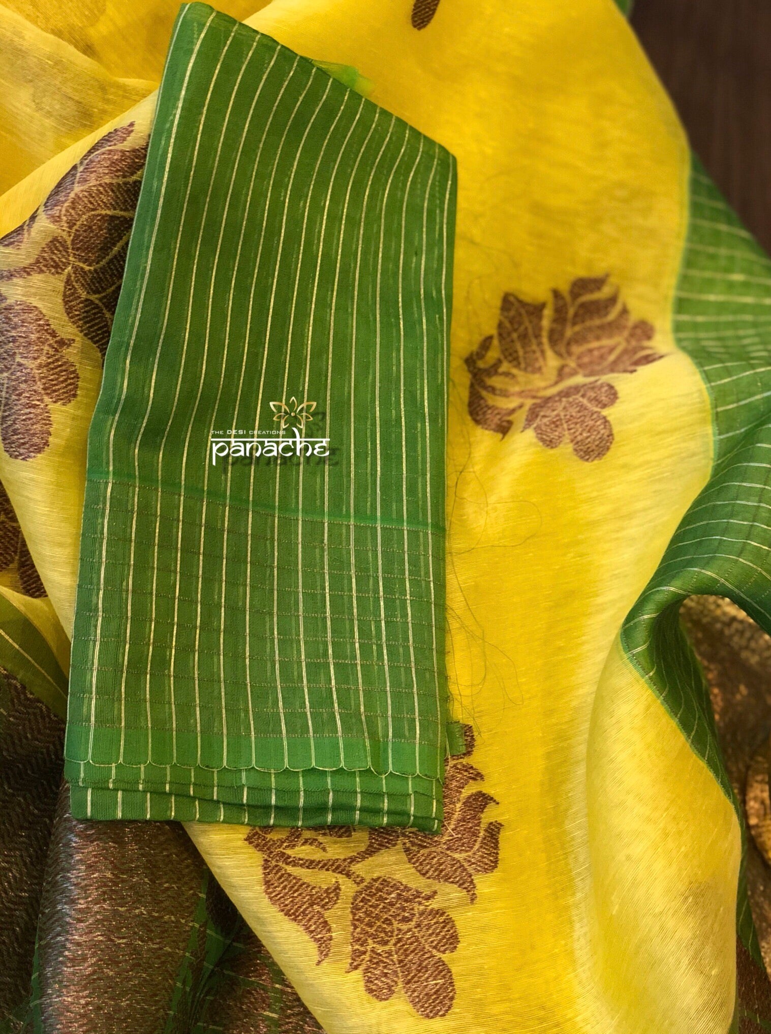 Linen Silk Banarasi - Yellow Green Antique Lotus