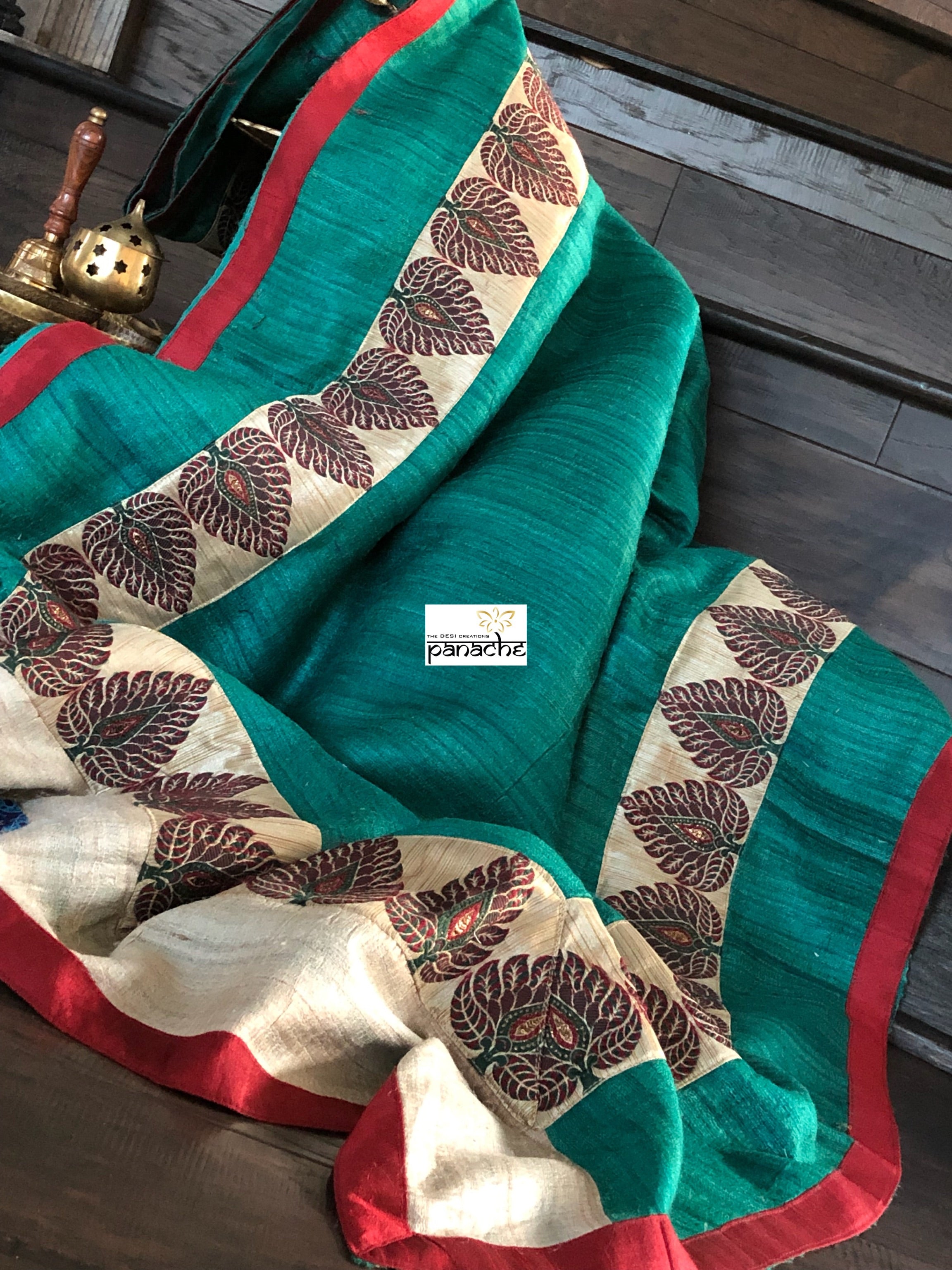 Designer Tussar Gicha Silk - Green Zari Motifs