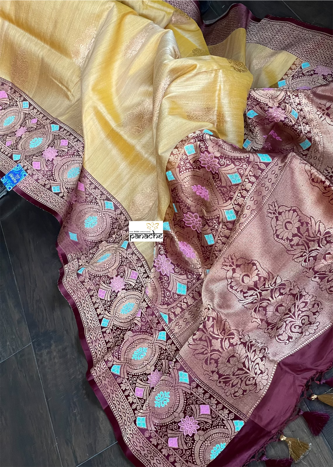 Tussar Silk Banarasi - Peach Yellow Antique Zari