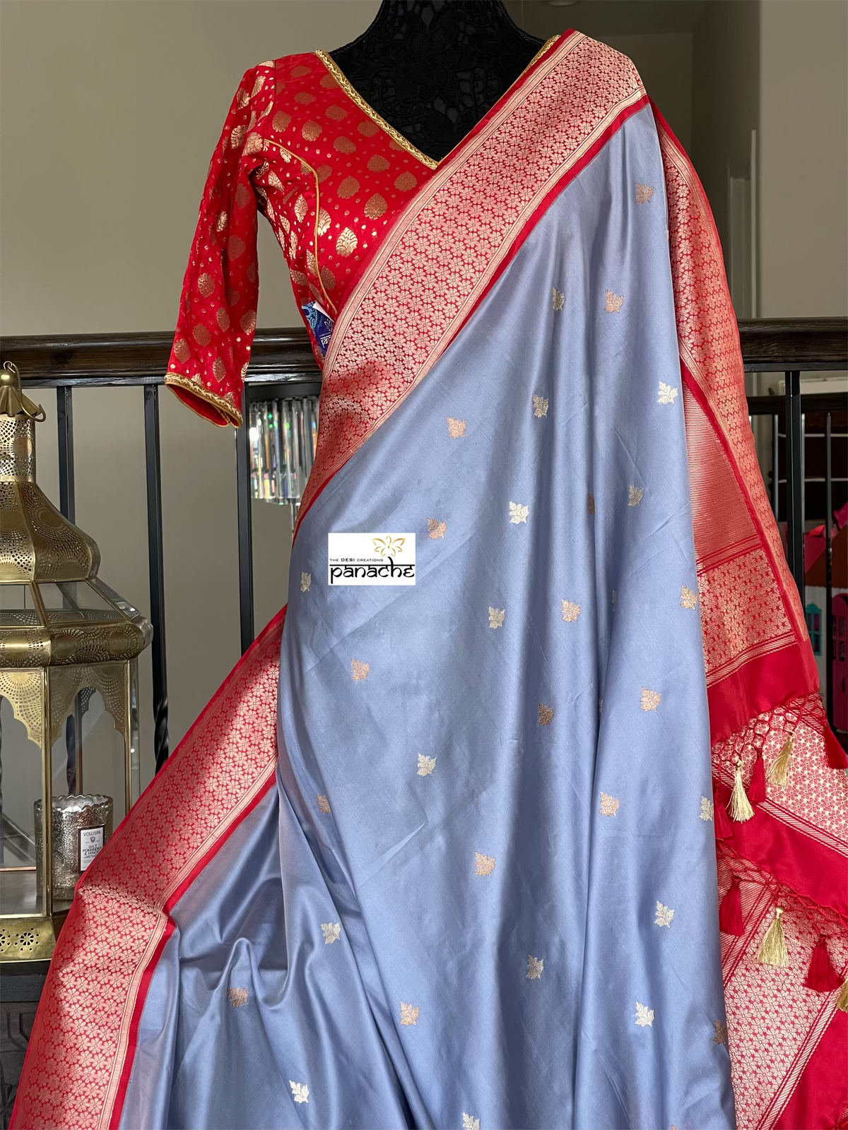 Katan Silk Banarasi - Bluish Grey Red