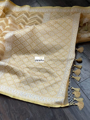 Kora Cotton Chanderi Banarasi - Light Ochre Yellow Paithani Border