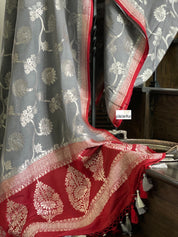 Muga Silk Banarasi - Grey Red Silver Zari