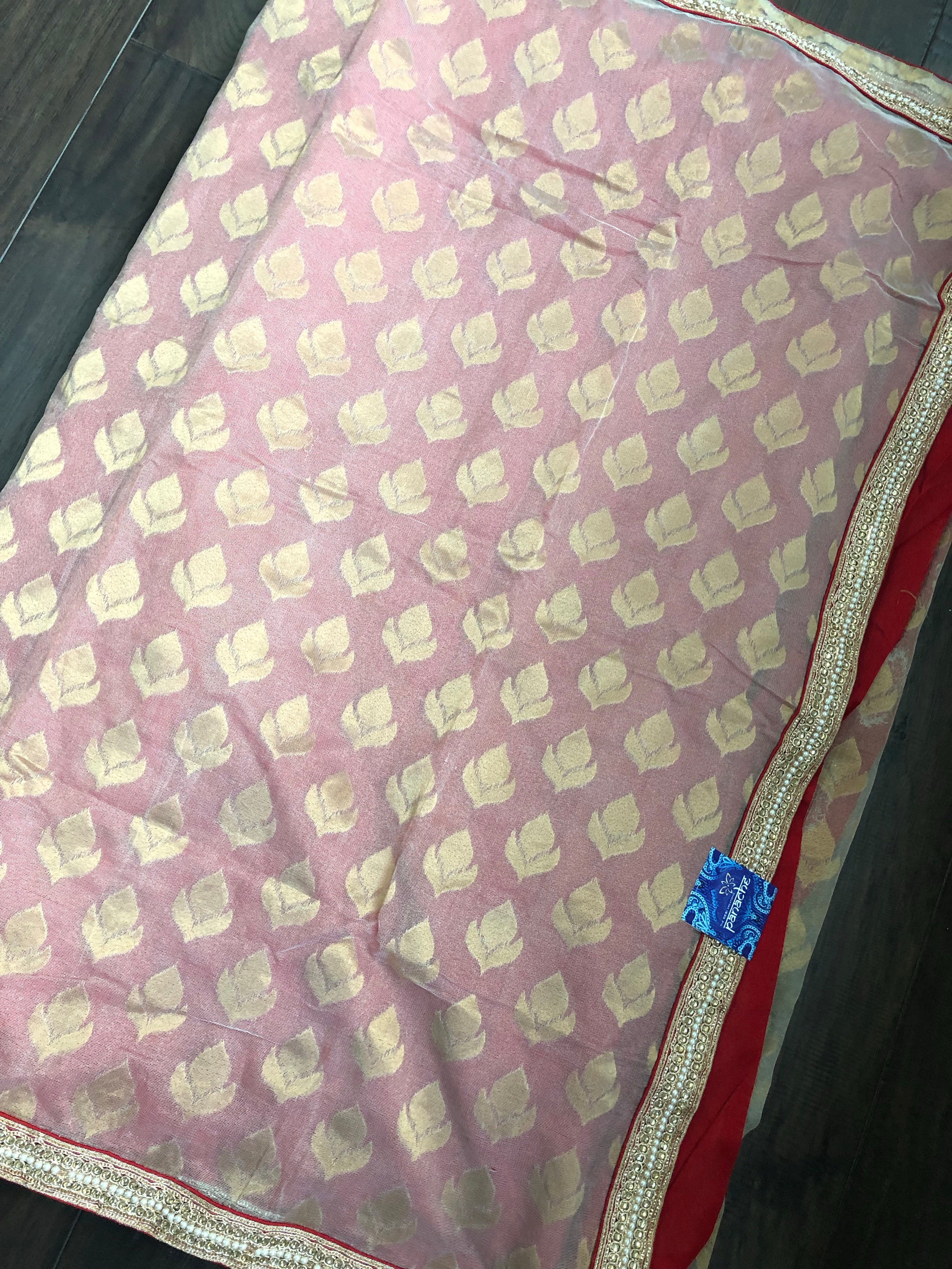 Designer Saree - Golden Tissue Red Soft Silk Half Half