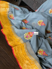 Pure Khaddi Georgette Banarasi - Grey Yellow Kadwa Paisley Meenakari