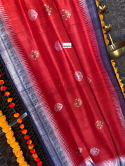 Tussar Georgette Banarasi - Red Navy Blue Kadwa