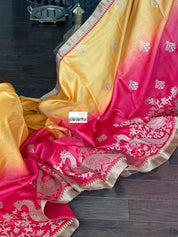 Designer Tussar Silk - Golden Yellow Raspberry Red