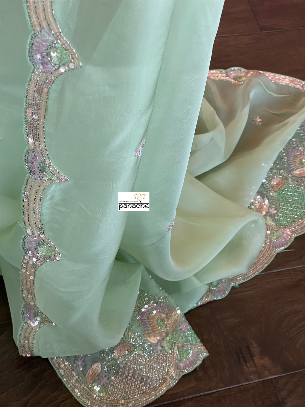 Designer Satin Organza - Mint Hand Embroidered