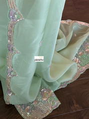 Designer Satin Organza - Mint Hand Embroidered