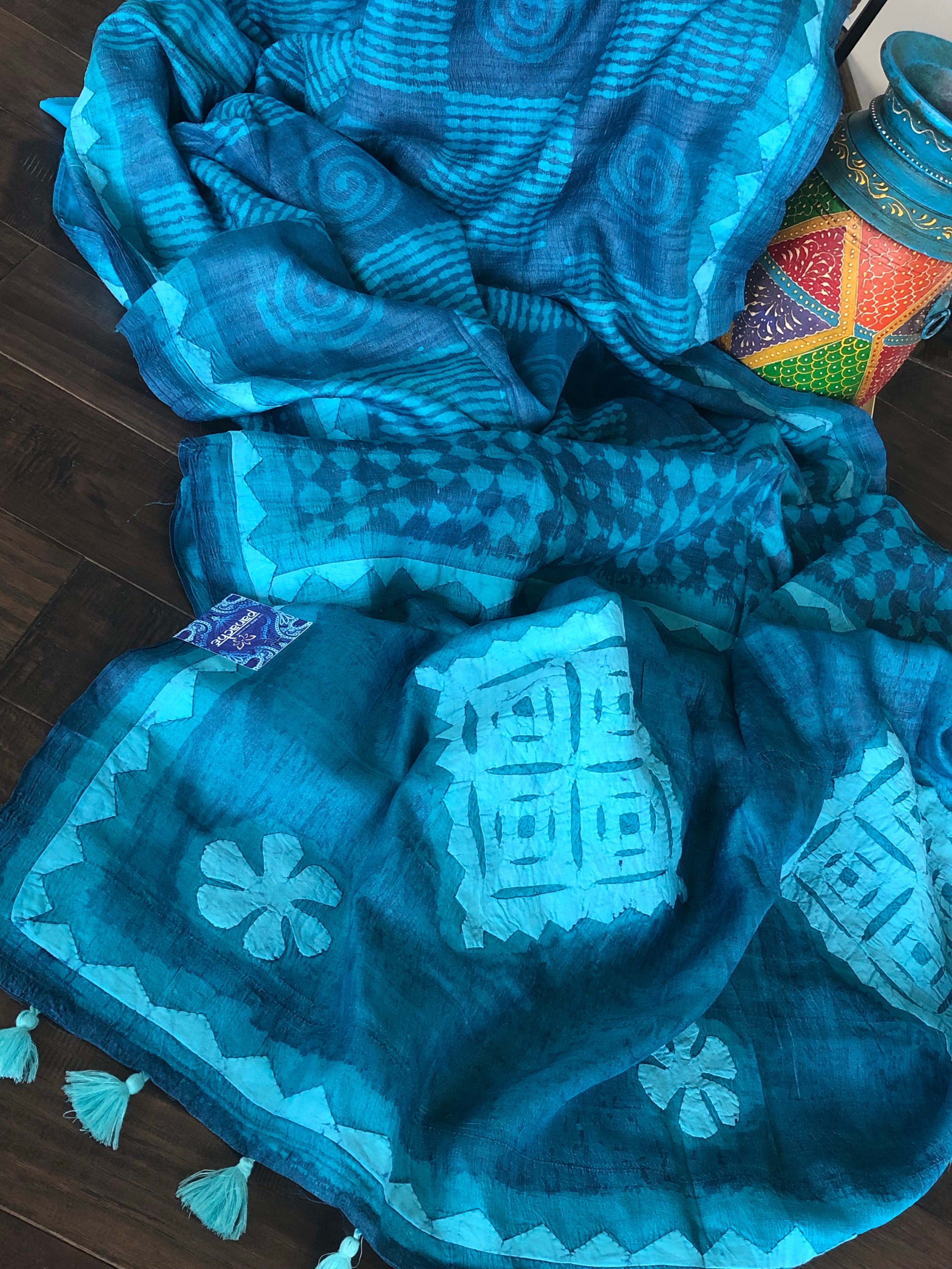 Pure Tussar Silk - Blue Firozi Printed and Appliqué