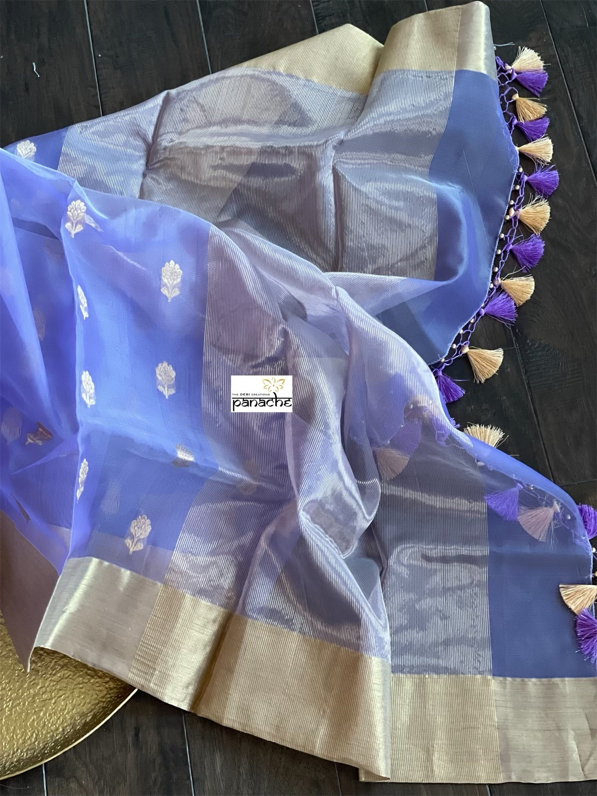 Pure Chanderi Organza Silk - Violet Golden Zari