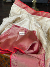 Pure Katan Silk Checkered Banarasi - Golden Beige Magenta Red Kadwa woven