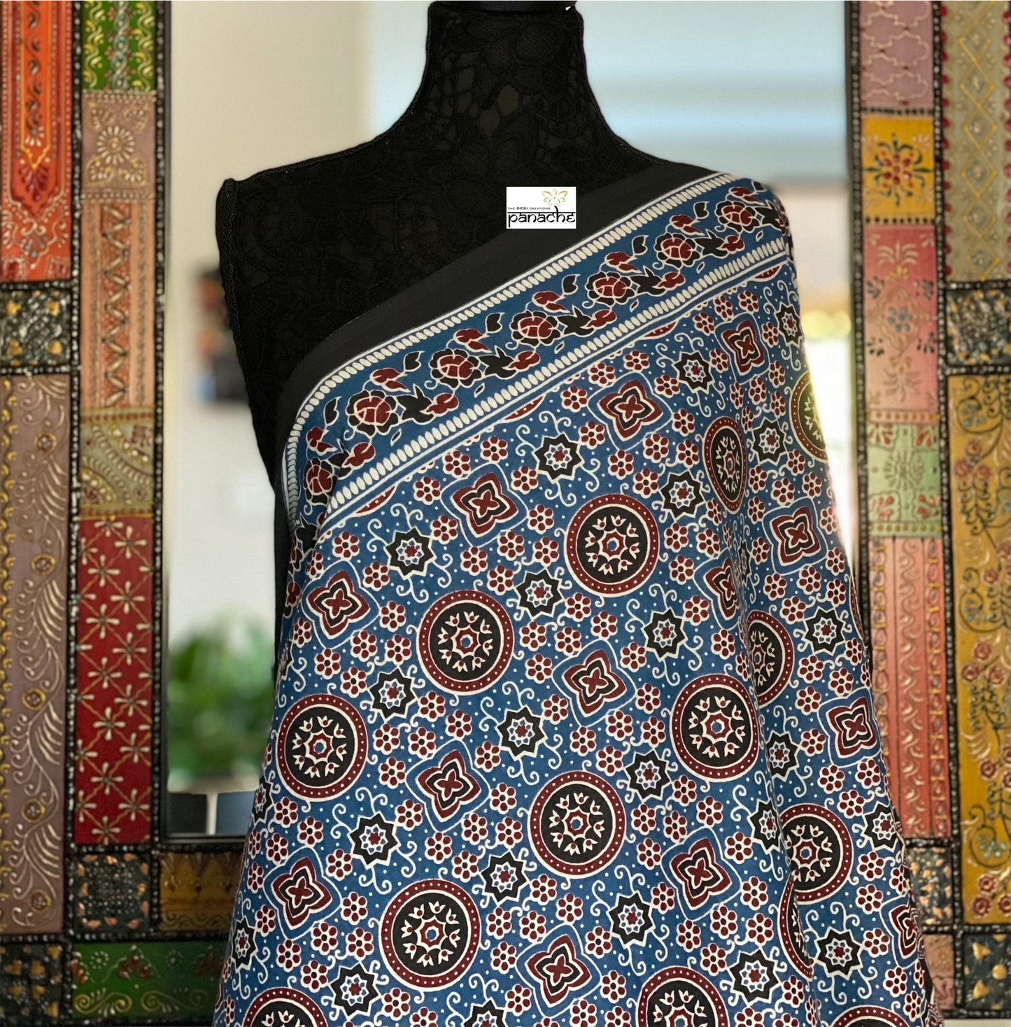 Soft Cotton Ajrakh Saree - Blue Black Maroon Printed