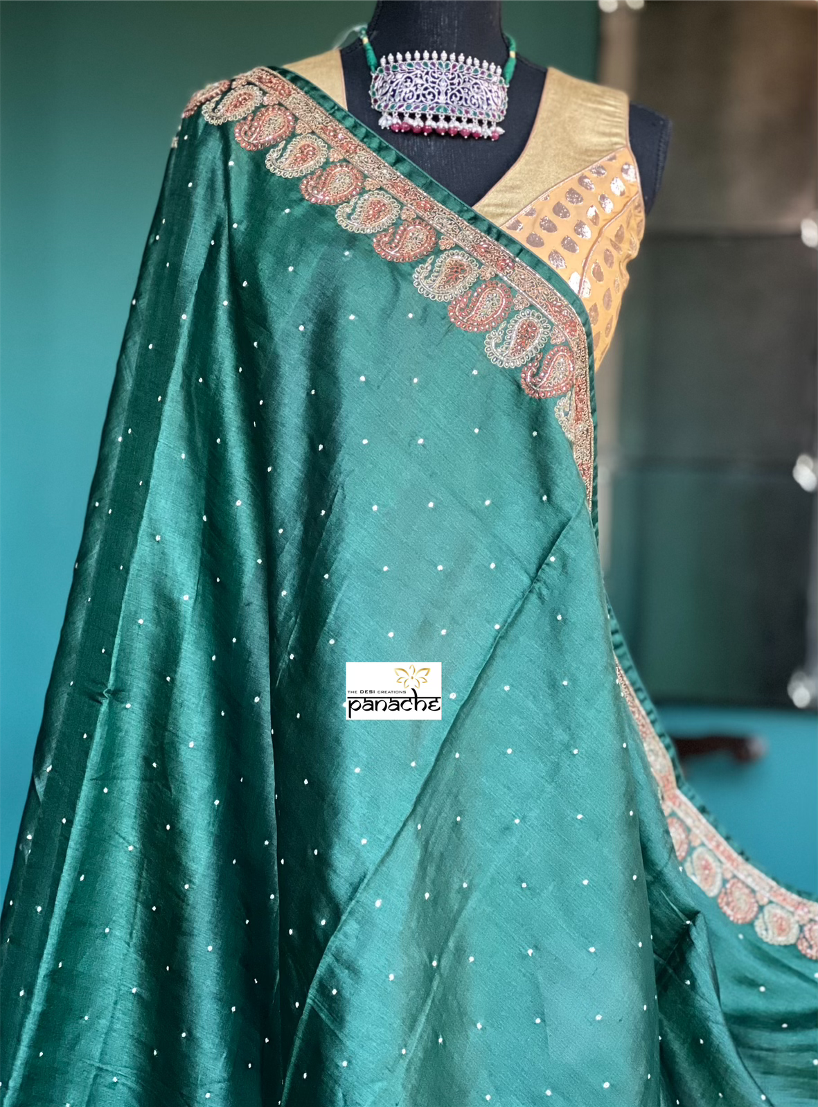 Pure Tussar Silk - Dark Green Embroidered