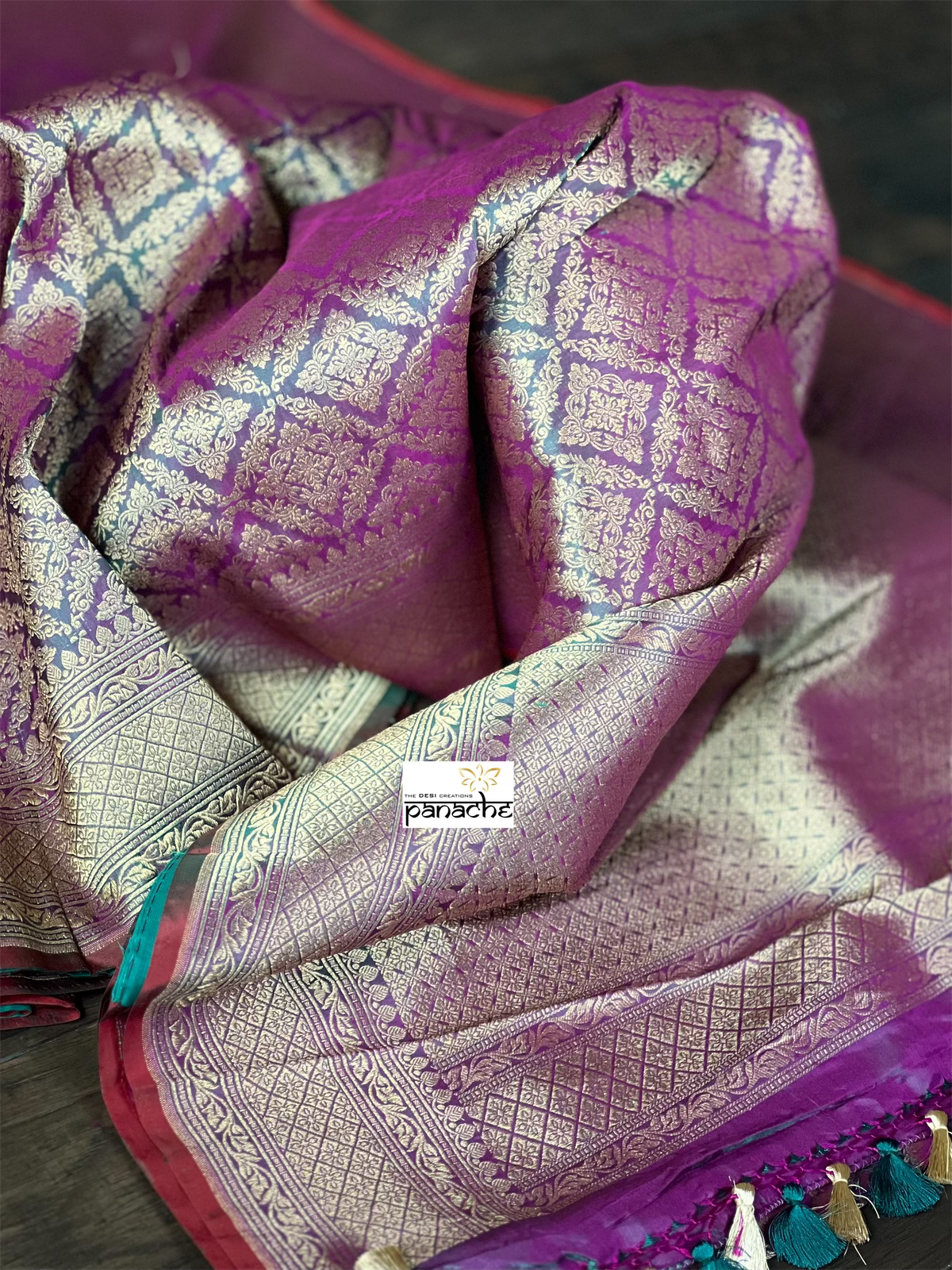 Katan Silk Brocade Banarasi - Purple Green Dual shaded