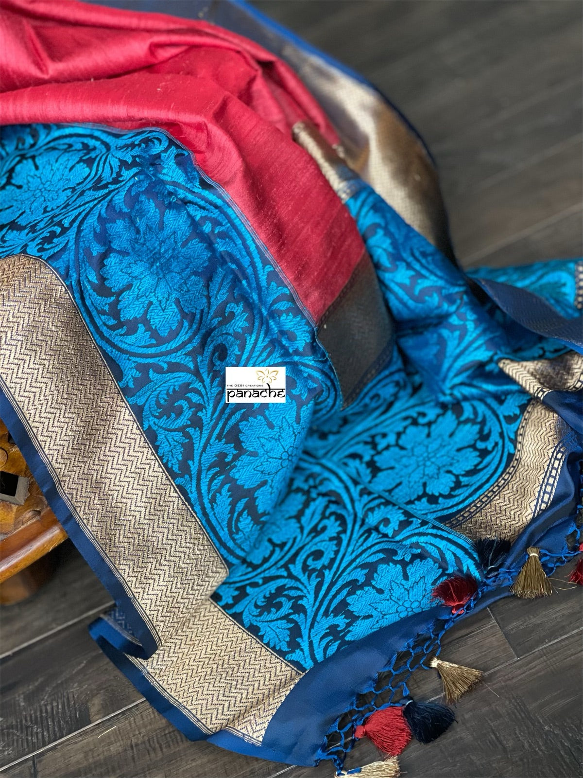 Tussar Silk Banarasi - Red Blue Kadwa