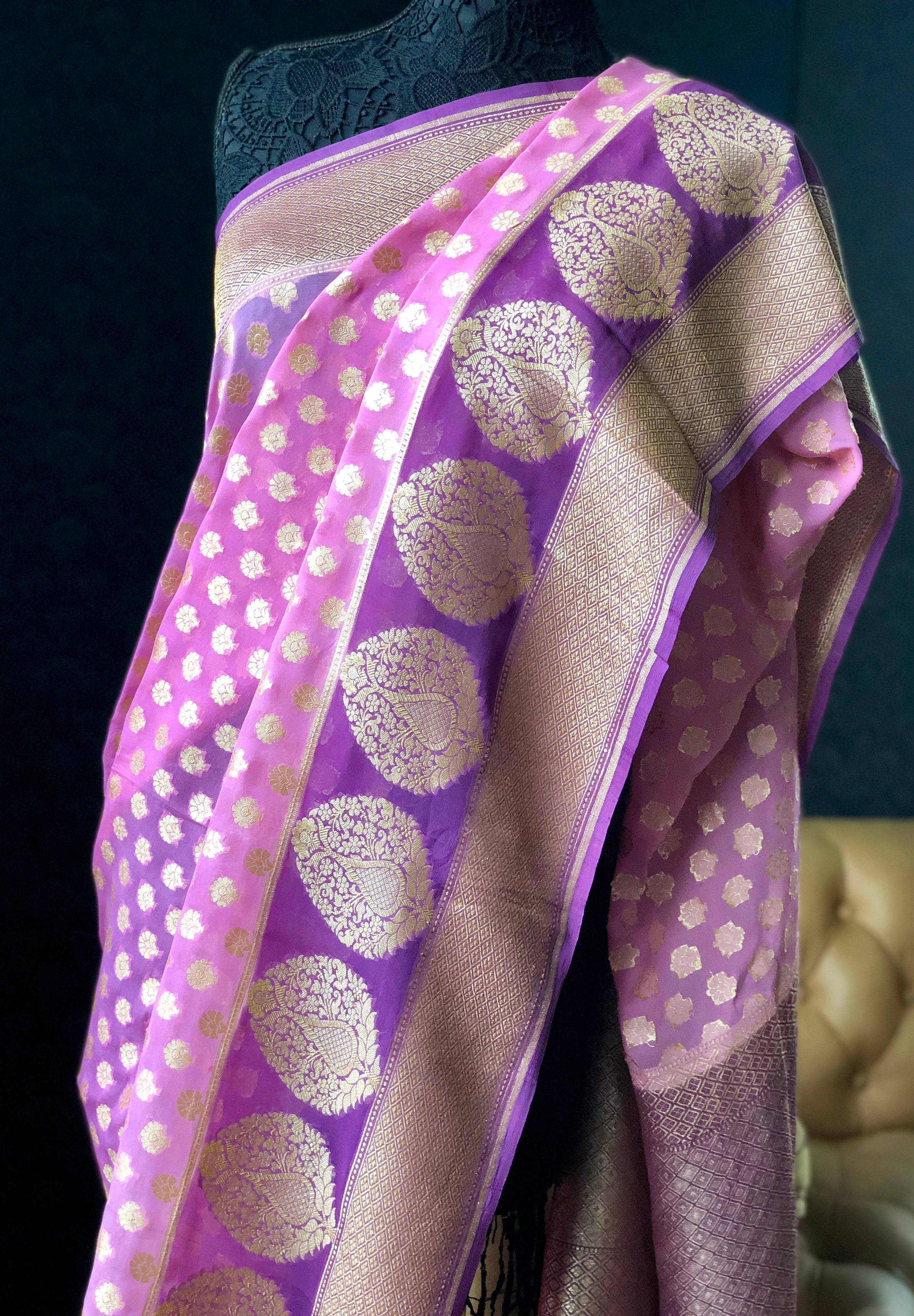 Khaddi Georgette Banarasi - Pink Purple Butidaar