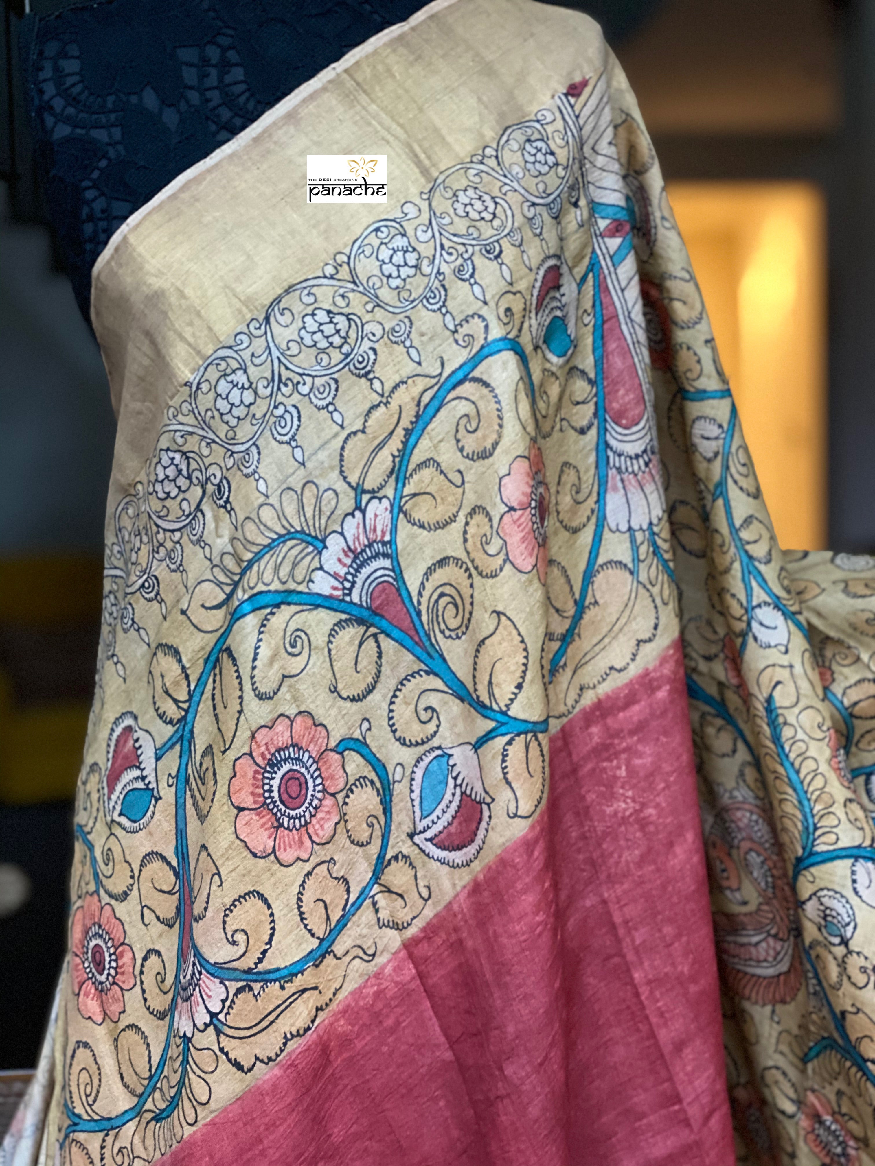 Pen Kalamkari Tussar Silk - Hand-painted Brick Red