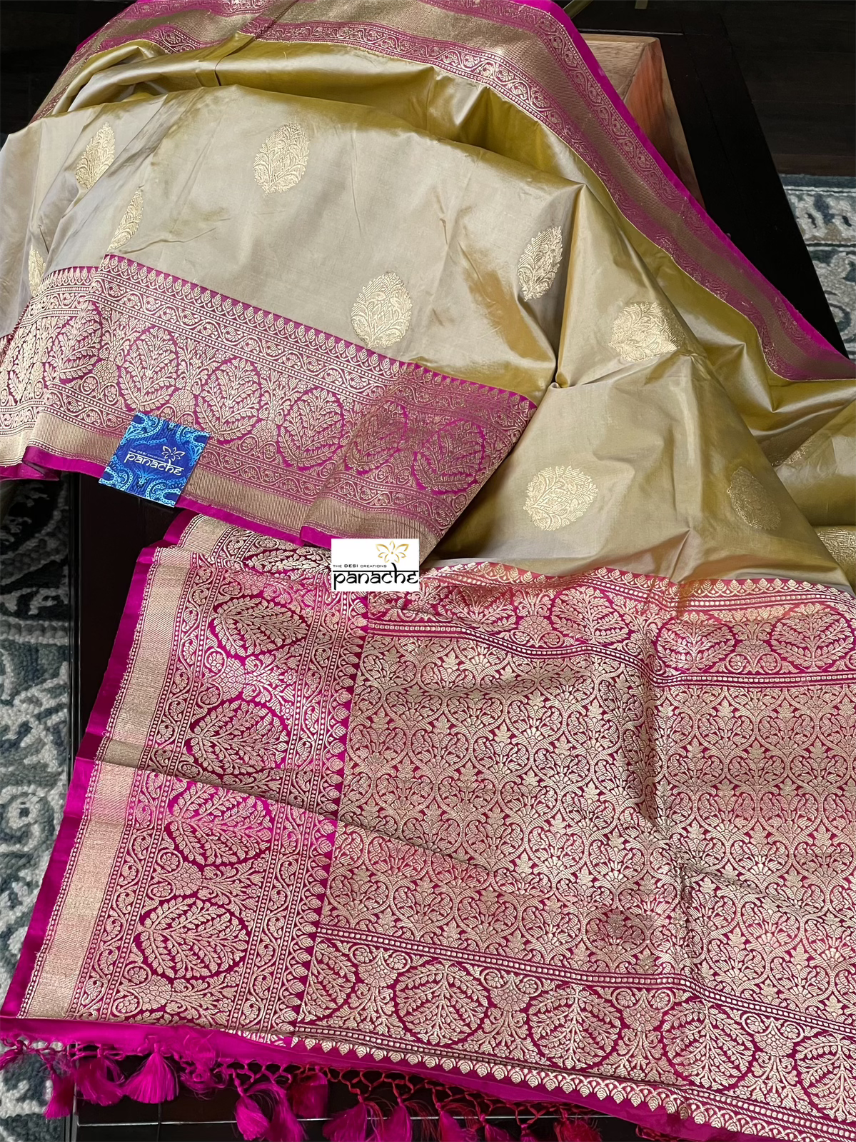 Pure Katan Silk Banarasi - Tan Gray Magenta