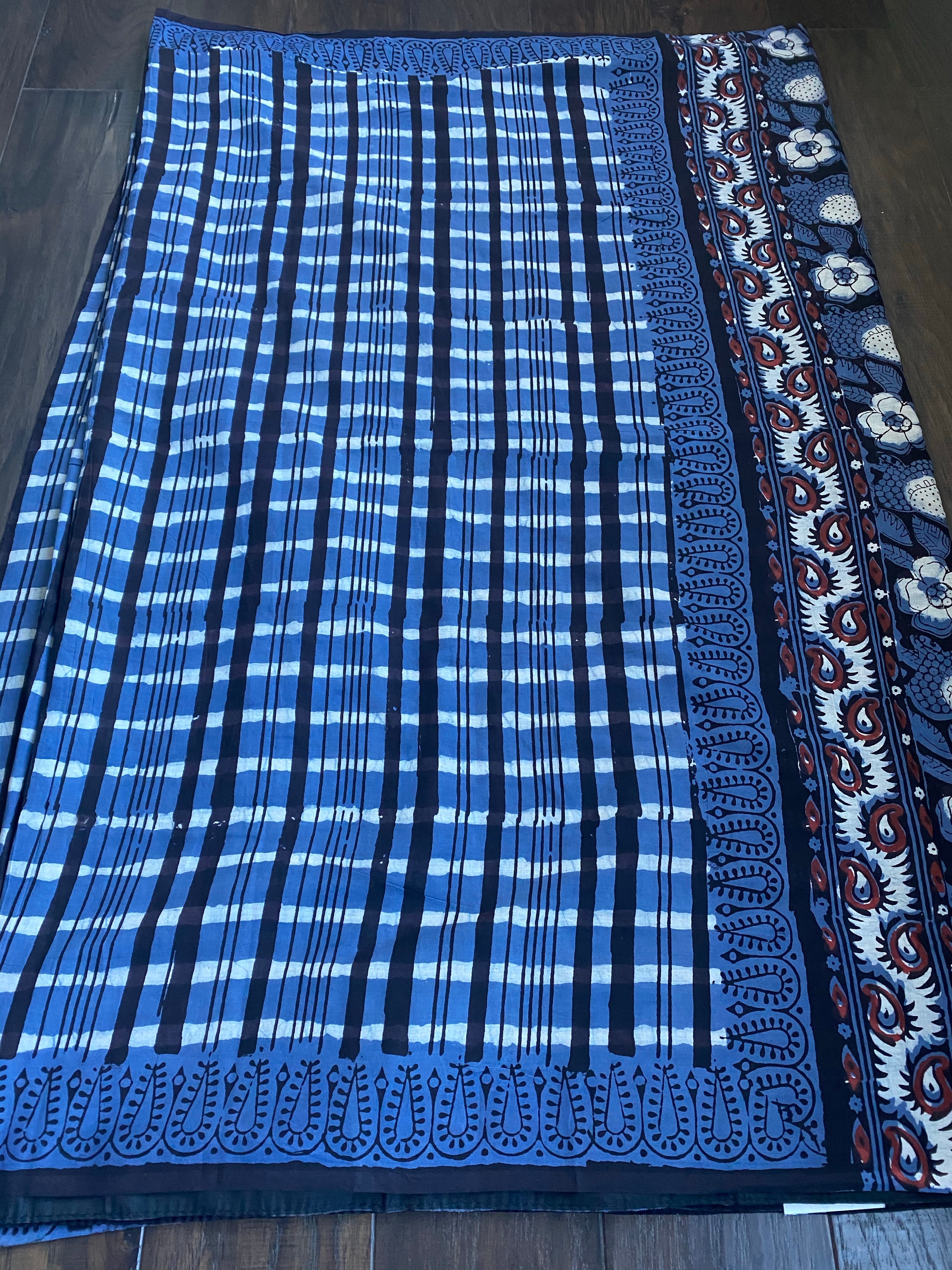 Soft Cotton Ajrakh Saree - Blue Grey Black Maroon Printed