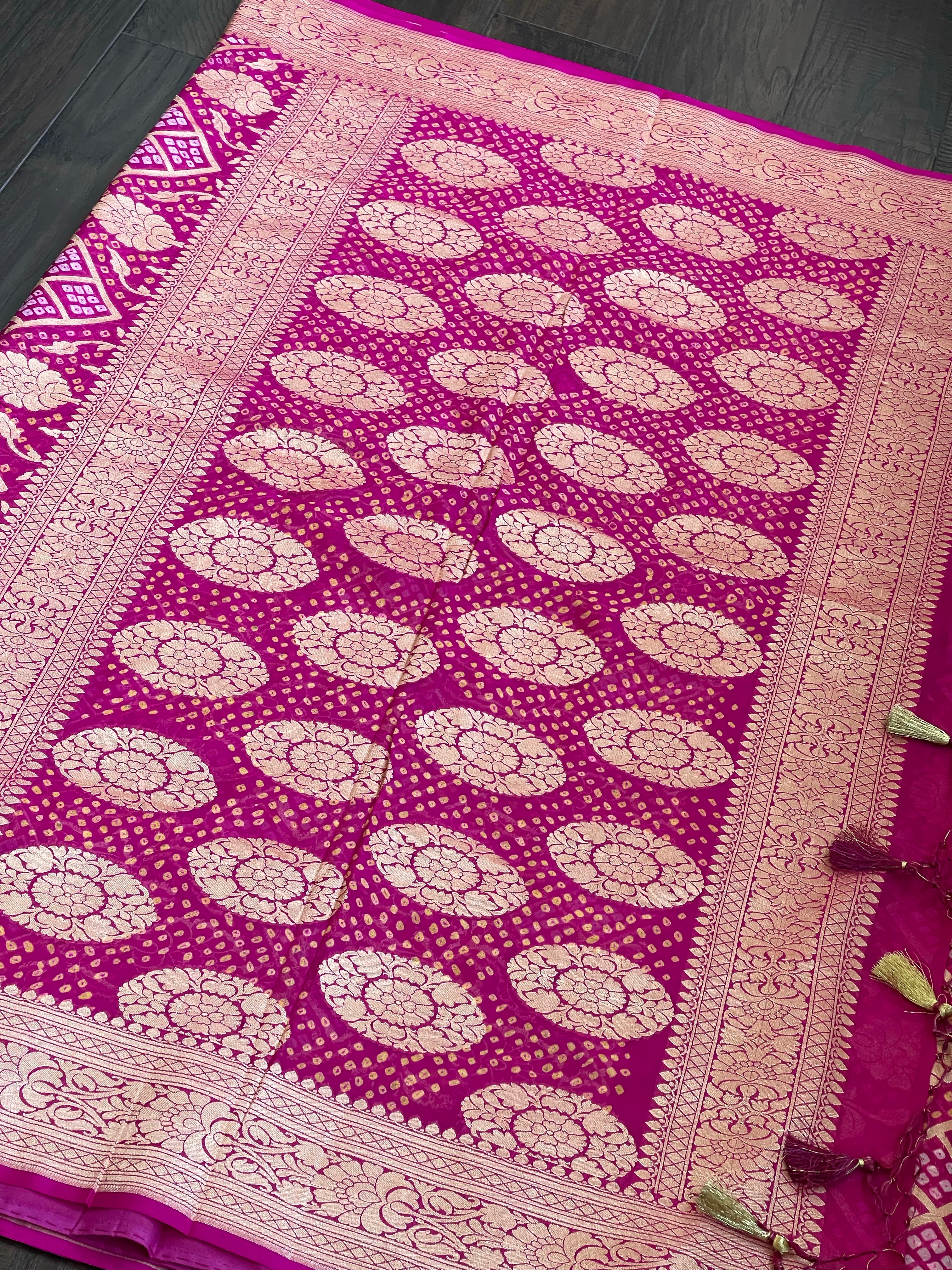 Bandhej Khaddi Georgette Banarasi - Magenta Pink