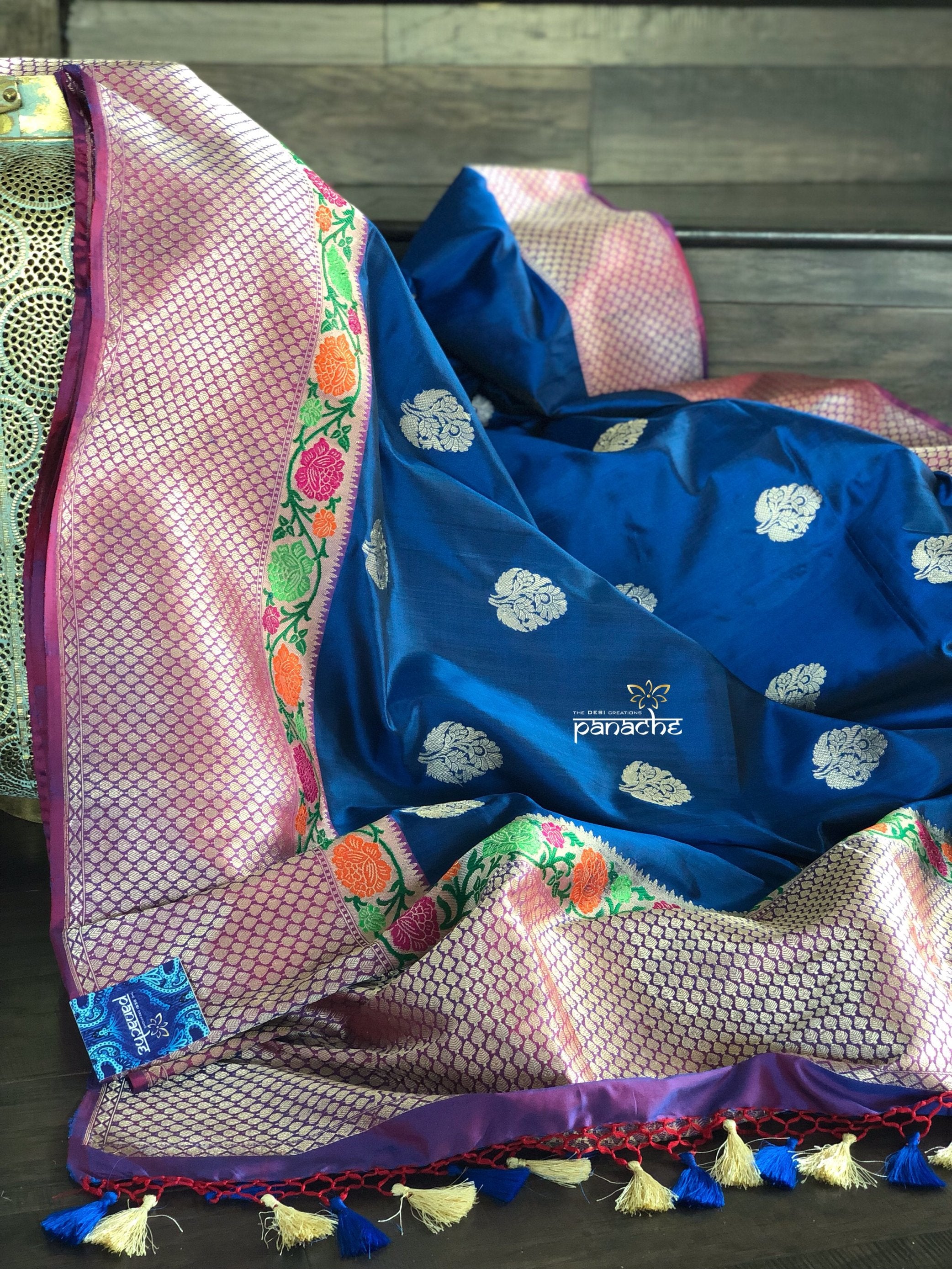 Pure Katan Silk Benarasi - Blue Magenta Kadwa