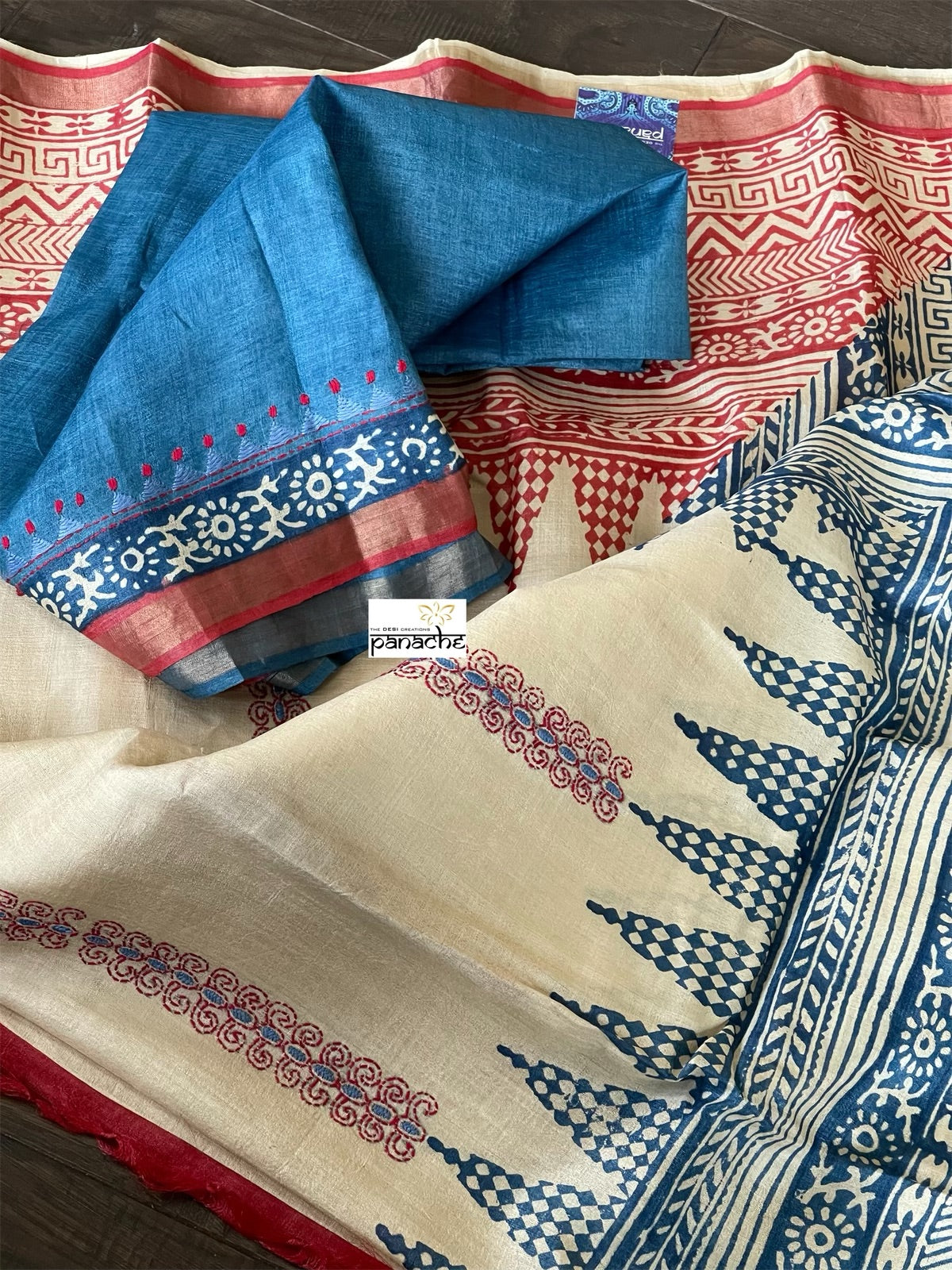 Printed Tussar Silk Kantha Stitch - Beige Blue Red