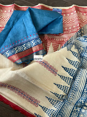 Printed Tussar Silk Kantha Stitch - Beige Blue Red
