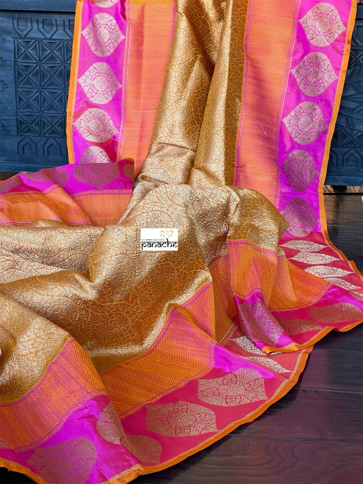 Pure Silk Brocade Banarasi - Mustard Yellow Kadwa Woven