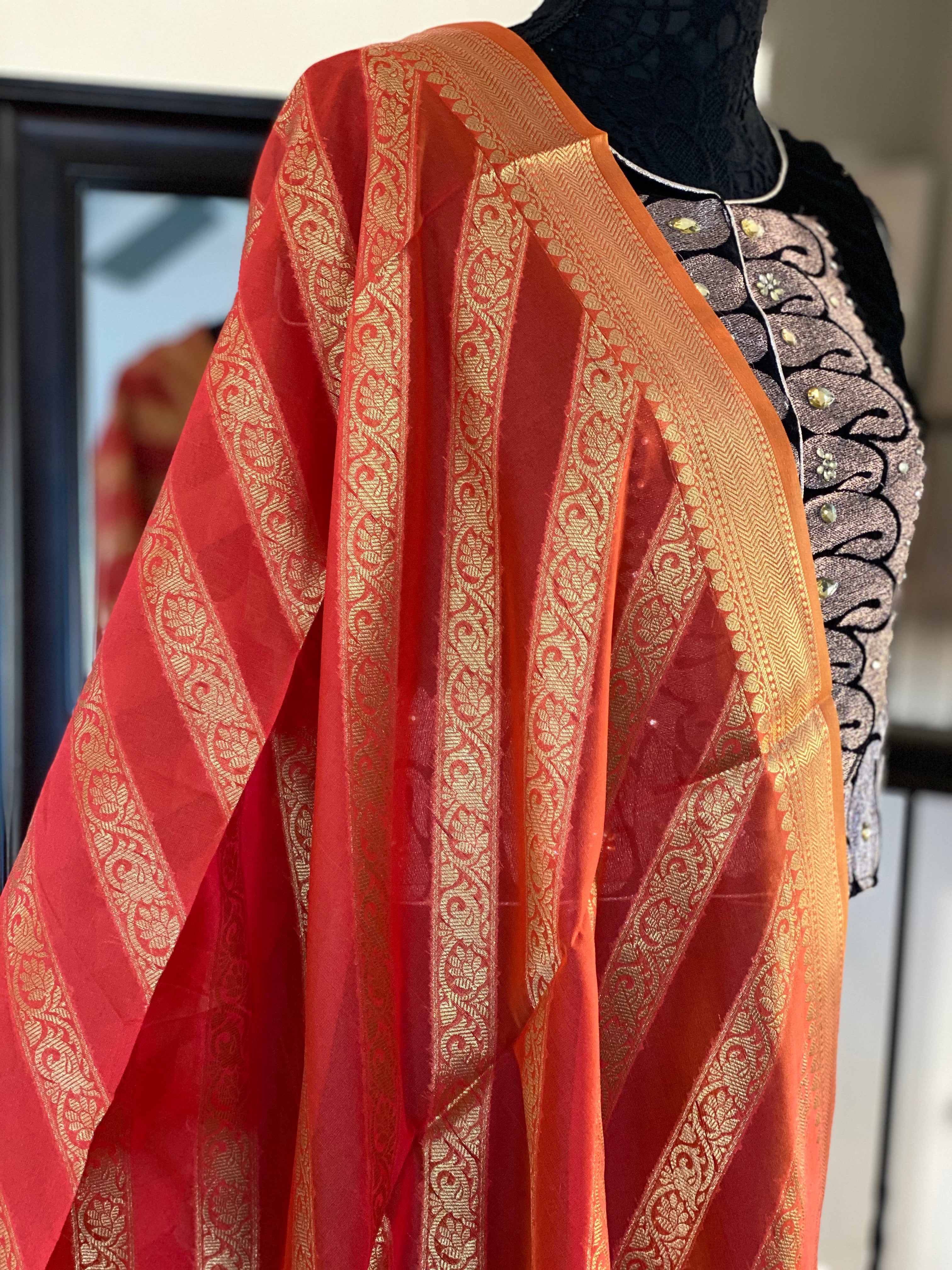 Silk Cotton Dupatta - Orange Golden Zari