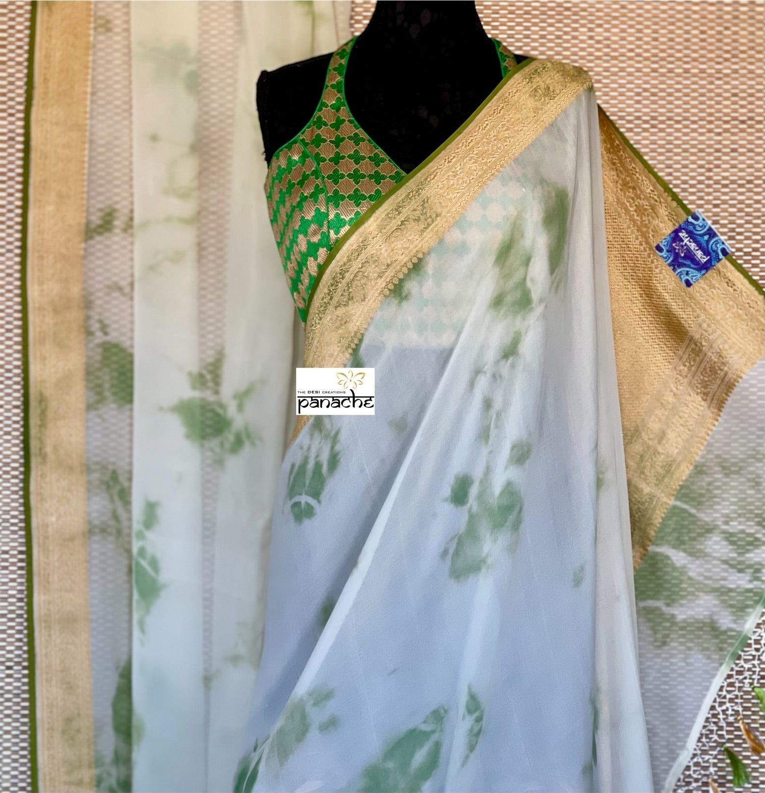 Khaddi Georgette Banarasi - Off-White Green Tie-dye Khadhua Woven