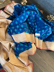 Pure Katan Silk Banarasi - Blue Firozi Antique Zari